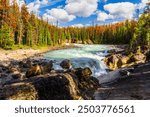 Waterfalls in the rocky mountains. The second, Lower Sunwapta Falls on the Sunwapta River. Jasper National Park, Alberta, Canada.