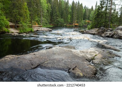 Waterfalls Of Ruskeala, Stream Water Goes Over Wet Stones On A Daytime. Republic Of Karelia, Russia