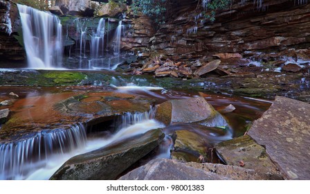 Waterfalls, tannin colored stream and rocks in the Appalachians
