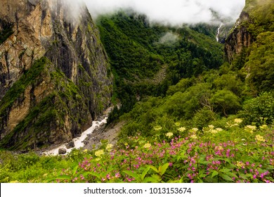 Waterfalls At Valley Of Flowers, Nanda Devi Biosphere National Park. It Is A Beautiful Trek In Uttarakhand. Amazing Landscape, Mountains, Hills, Foggy, Misty, Rain, Monsoons, Colorful Flowers.