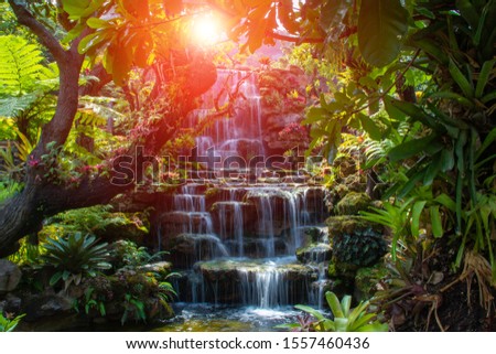 Waterfall,Waterfall in the forest and yellow ray ,Waterfall and sunset.