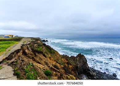 Waterfront Campground Nestled In The Rugged Coast Of California Showing Washed Out Road And Landslide