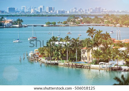 waterfront houses in miami city florida in summer day