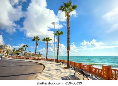 Waterfront promenade of Benalmadena beach. Malaga province, Andalusia, Spain