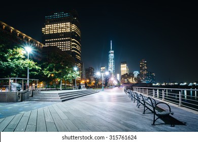 Waterfront Promenade At Hudson River Park At Night In Lower Manhattan, New York.