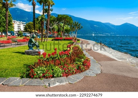 Waterfront promenade and park in Ascona near Locarno, a town located on the shore of Lake Maggiore in the Ticino canton in Switzerland.