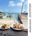 Waterfront shrimp tacos dinner in Isla Mujeres Mexico