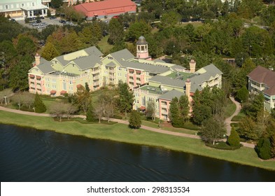 Waterfront timeshare building in Orlando Florida seen from above