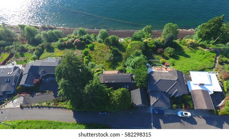 Waterfront View Homes On Puget Sound Aerial View. 