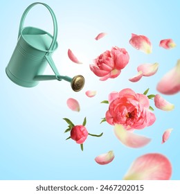 Watering can and coral peonies in air on light blue background - Powered by Shutterstock