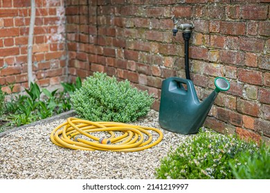 Watering can, garden hose (hosepipe) and outside tap in a UK back garden. Gardening scene