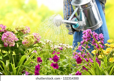 Watering Flowers In Garden