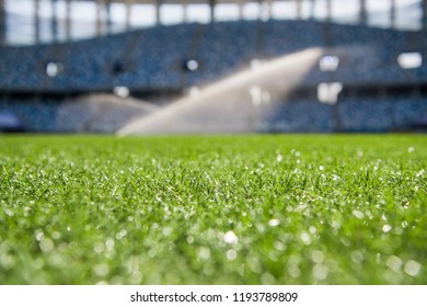 Watering the football field. Close-up macro shot on green grass with white stripe.