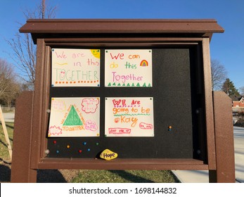 WATERLOO, ONTARIO, CANADA - APRIL 08, 2020: Messages Of Hope And Encouragment Drawn By Children, Pinned On Message Board At A Central Location In A Local Community During The COVID-19 Pandemic.