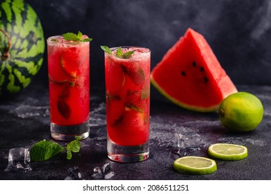 Watermelon Alcoholic Or Non-alcoholic Cocktail, Mojito Cocktail With Mint And Lime.