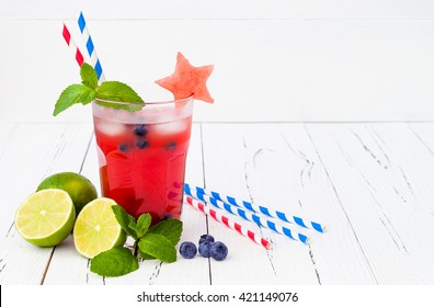 Watermelon Blueberry Mojito. Patriotic Drink Cocktail For 4th Of July Party