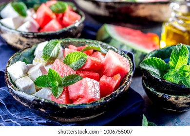 Watermelon Cheese And Mint Salad With Olive Oil. Close Up.