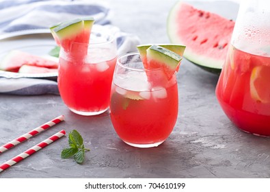 Watermelon Cocktail With Lemon And Mint. Refreshing Lemonade Close Up