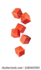 Watermelon cubes isolated. Falling water melon cube set, chopped Citrullus lanatus, red wassermelone cuts fly, square fruit piece, seedless watermelon cubes collection in air