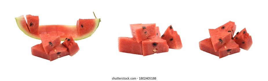 Watermelon cut into pieces on white background.