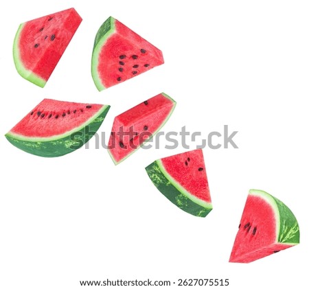 Watermelon fruit  Explosion. Levitating Watermelon triangle slices isolated on white. Falling   watermelon pieces with seeds. Pattern. Summer Creative layout