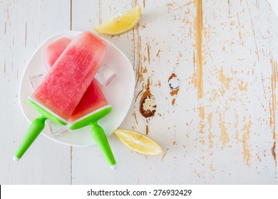 Watermelon Fruit Ice Pops On White Plate, White Wood Background