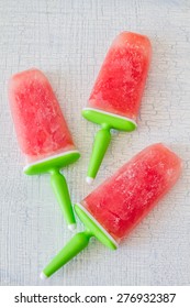 Watermelon Fruit Ice Pops,  Rustic Light Blue Background, Top View