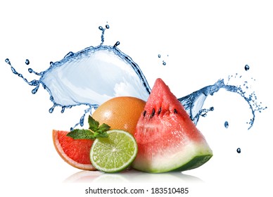 Watermelon, grapefruit and lime with mint and water splash isolated on white