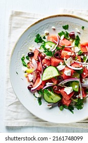 Watermelon Greek Salad With Kalamata Olives. Top View. Close-up