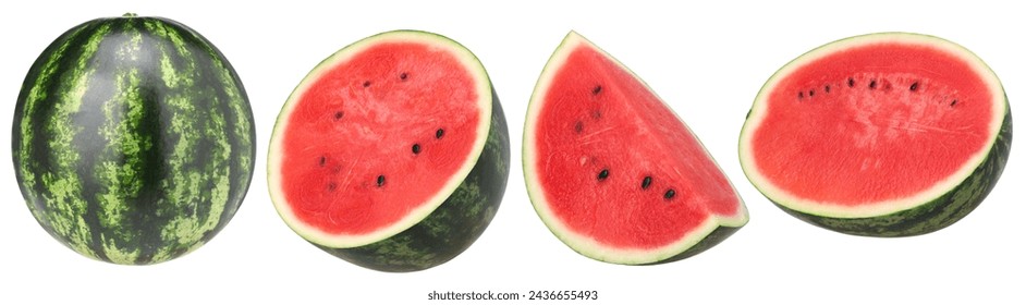 Watermelon, half and slice isolated on a white background, Watermelon macro studio photo, clipping path