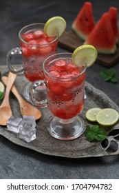 Watermelon Ice With Cocopandan Syrup, Served In A Glass With Basil Nata De Coco And Lemon Water. Breaking Fast - Ramadan - Fasting - Summer 