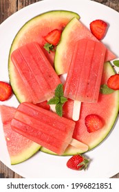 Watermelon Ice Cream Popsicle And Strawberry