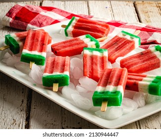 Watermelon Ice Pops On Rustic White Table