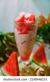 Watermelon Juice Margarita Or Mojito With Watermelon Slices On Top. Seasonal Refreshing Drink