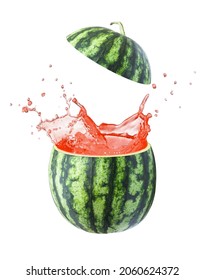 Watermelon juice splash from fresh red water melon slice isolated on white background.