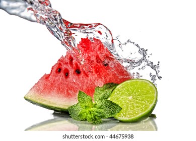 watermelon, lime, mint and water splash isolated on white