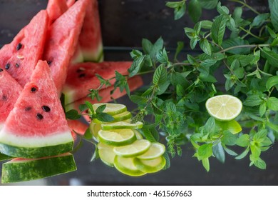 Watermelon Mint And Lime On The Glass, The Ingredients For Lemonade