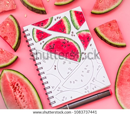 watermelon pattern sketch on pink background with markers. bright food sketch decorated with watermelon pieces