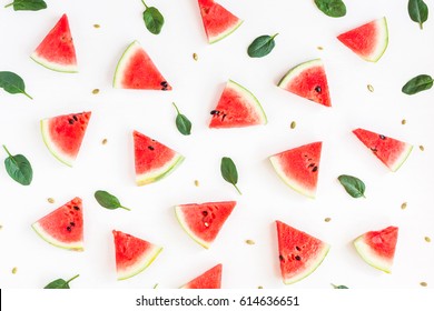 Watermelon Pattern. Sliced Watermelon On White Background. Flat Lay, Top View.