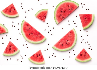 Watermelon Pattern. Sliced Watermelon And Seeds On White Background, Top View