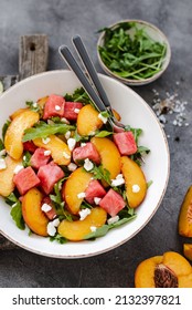 Watermelon Peach Salad With Feta. Cubed Watermelon, Peach And Feta Salad. Perfect Salad For The Peak Of Summer