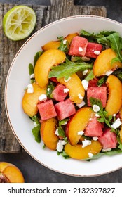 Watermelon Peach Salad With Feta. Cubed Watermelon, Peach And Feta Salad. Perfect Salad For The Peak Of Summer