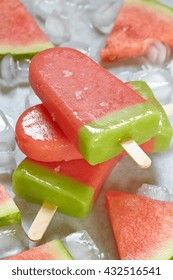 Watermelon Popsicle With Ice Cubes On Tray