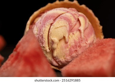 watermelon red ice cream with slices of ripe red watermelon, red watermelon and ice cream on a black slate board close-up - Powered by Shutterstock