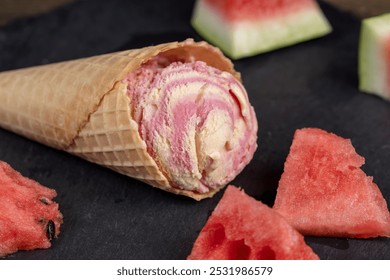 watermelon red ice cream with slices of ripe red watermelon, red watermelon and ice cream on a black slate board close-up - Powered by Shutterstock