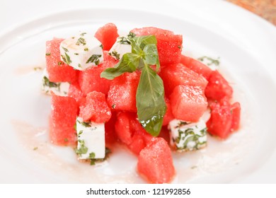 Watermelon Salad With Feta Cheese With And Basil