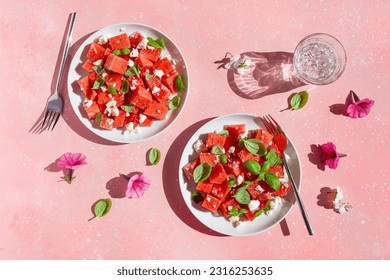 watermelon salad with feta cheese and basil. healthy summer dessert