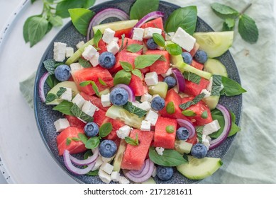 watermelon salad with feta cheese and blueberries