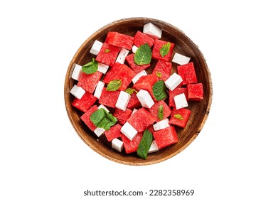 Watermelon Salad with feta cheese in a wooden plate. Isolated on white background - Powered by Shutterstock