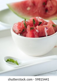 Watermelon Salsa With Red Onion In White Bowl